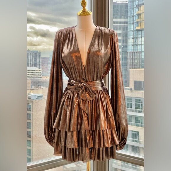 🆕 BRONX & BANCO 🧿 NWOT Bellerose Ruffled Mini Dress, Metallic - Sz M / US 6 - Picture 4 of 15